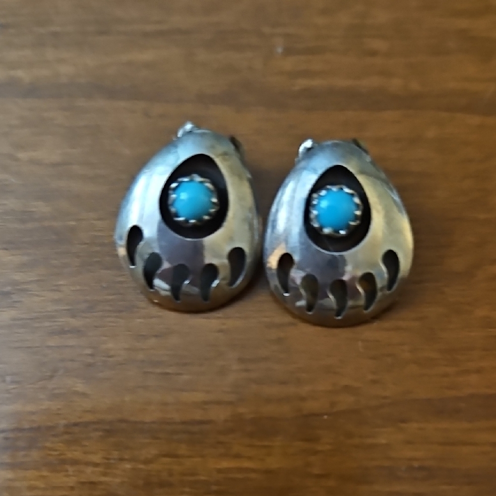 Silver and Turquoise Bear Claw Clip Earrings